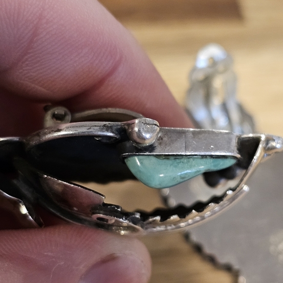 Vintage Sterling Mexico Sterling Turquoise Floral Large Clip-On Earrings - Picture 3 of 8